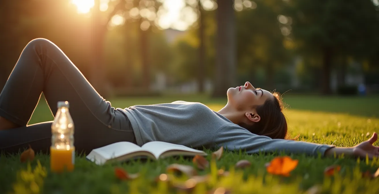 Person in entspannter Meditation im Grünen nach zwei Tagen Erholung