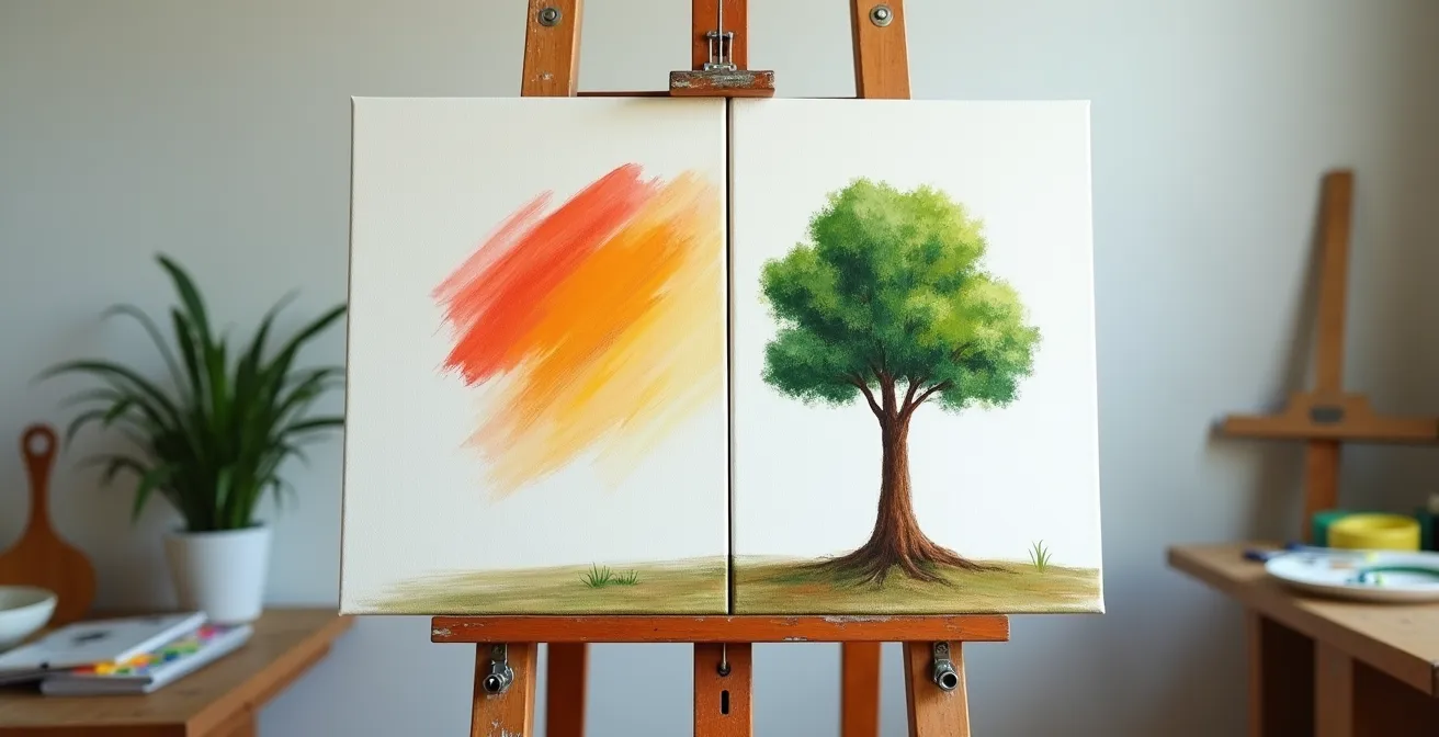 Geteilte Leinwand, die links einen lockeren, abstrakten Malstil und rechts eine vereinfachte, wiedererkennbare Baumform zeigt