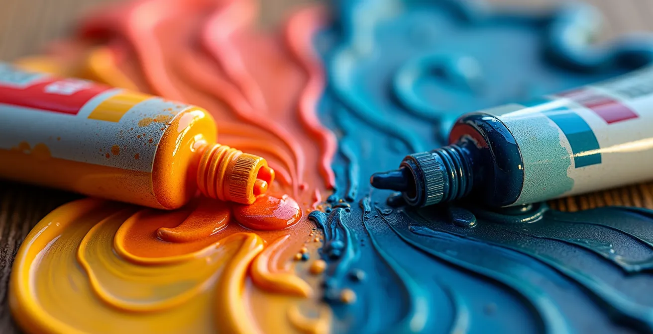 Verschiedene Acrylfarbentuben im direkten Vergleich, die den Unterschied in Textur und Pigmentierung zwischen günstiger und hochwertiger Farbe zeigen