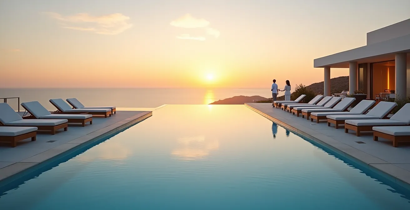 Ruhiger Pool-Bereich eines Adults-Only-Hotels bei Sonnenuntergang