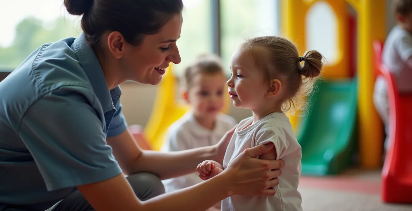 Ein erfahrener Animateur interagiert professionell mit einem schüchternen Kind in der Spielecke eines Ferienparks.