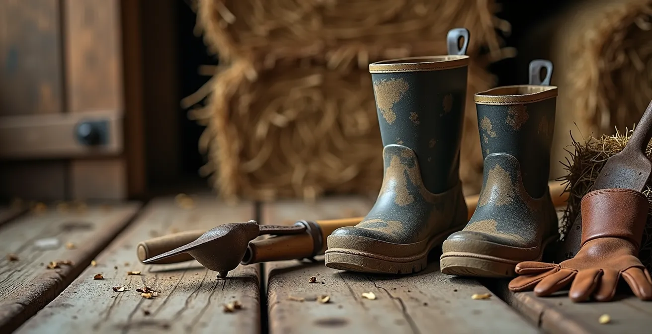 Praktische Bauernhofausrüstung mit Gummistiefeln und Werkzeugen bereitgelegt
