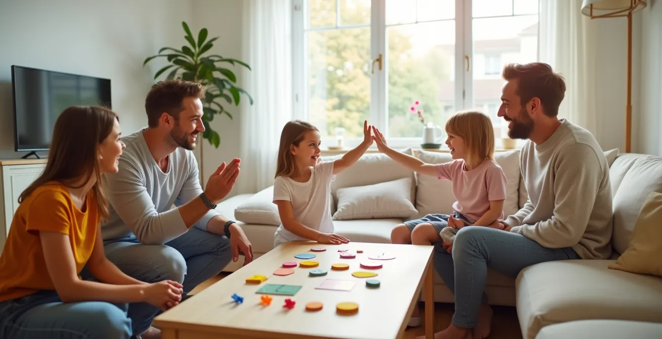 Familie beim gemeinsamen Punktesammeln und Feiern von Lernerfolgen