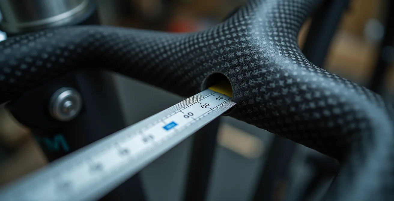 Detailaufnahme Fahrradrahmen-Vermessung mit Massband und Geometrie-Markierungen