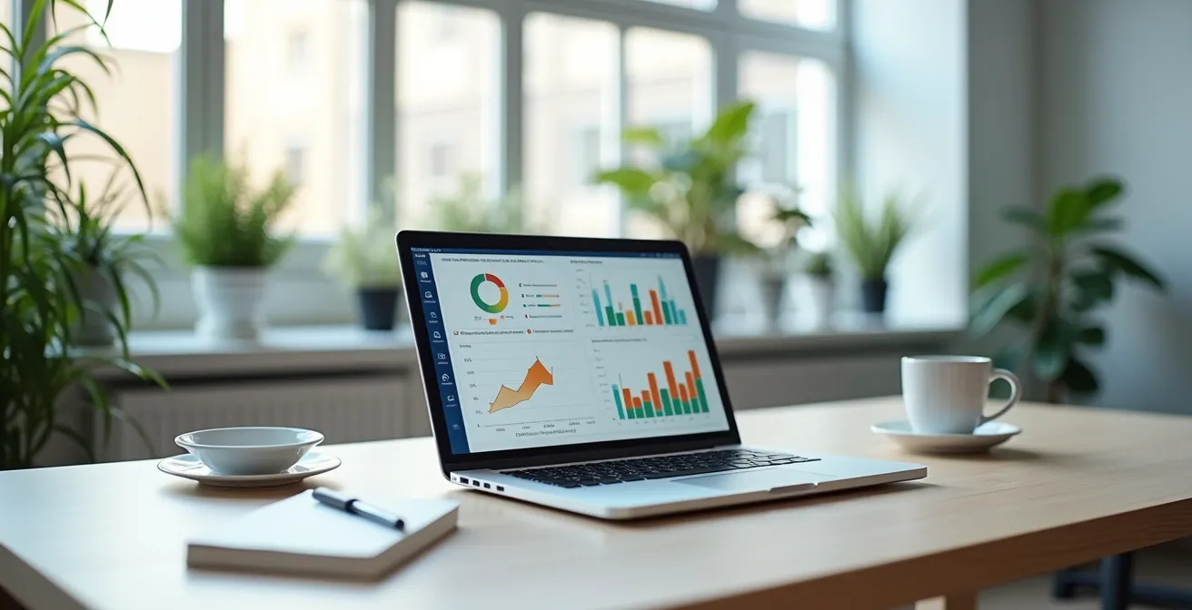 Moderner Arbeitsplatz mit Laptop zeigt Dashboard-Grafiken für Vereinsverwaltung