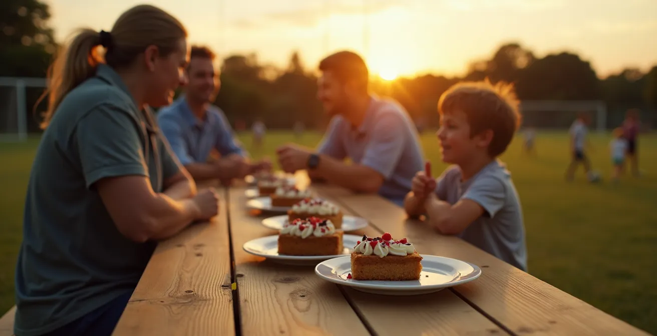Eltern stehen gut gelaunt hinter einem Kuchenstand am Rande eines Sportplatzes und verkörpern eine positive Vereinsgemeinschaft.