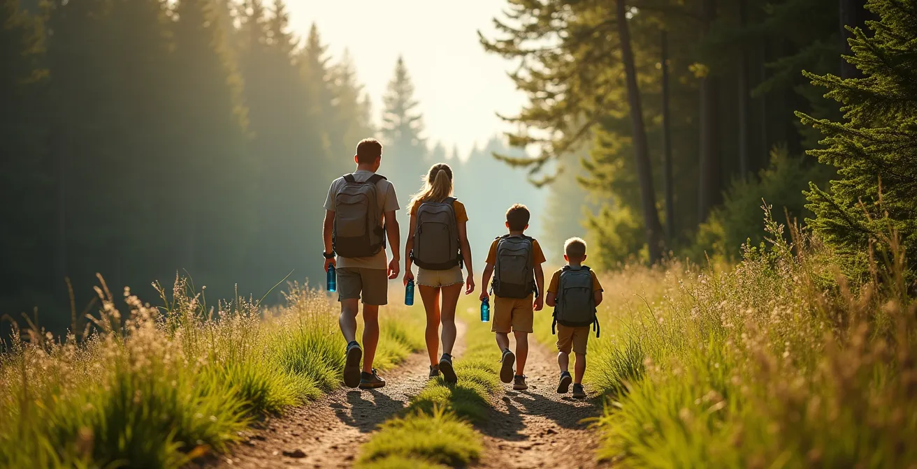 Eine Familie geniesst eine ruhige Wanderung auf einem Waldweg und nimmt sich eine bewusste Auszeit vom Trubel des weit entfernten Ferienparks.