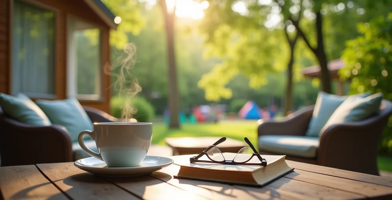 Ruhige Terrasse am Rand eines Ferienparks mit Naturblick