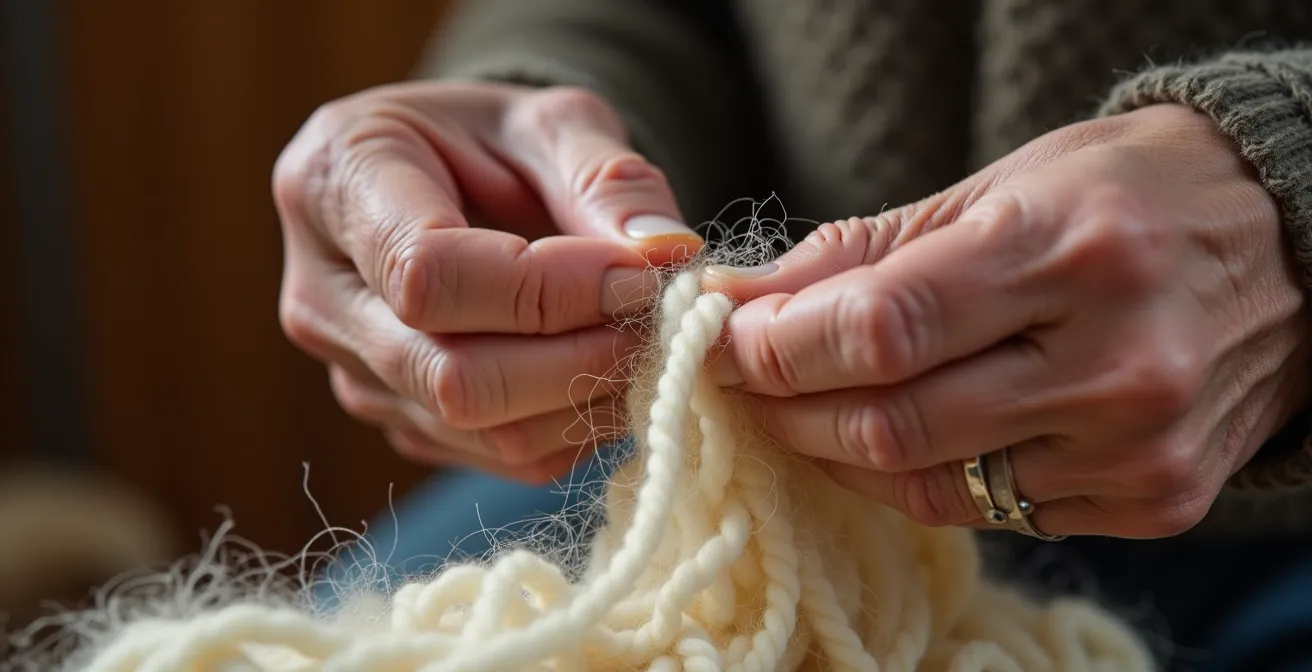 Makroaufnahme von Händen beim Stricken mit sichtbaren Wollfasern