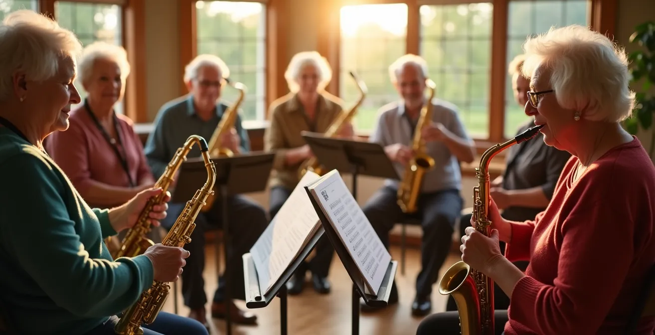Seniorengruppe beim gemeinsamen Musizieren in warmem Ambiente