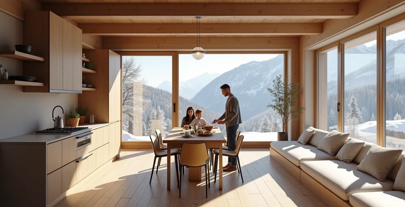 Moderne Chaletküche mit Familie beim gemeinsamen Kochen in warmer Atmosphäre