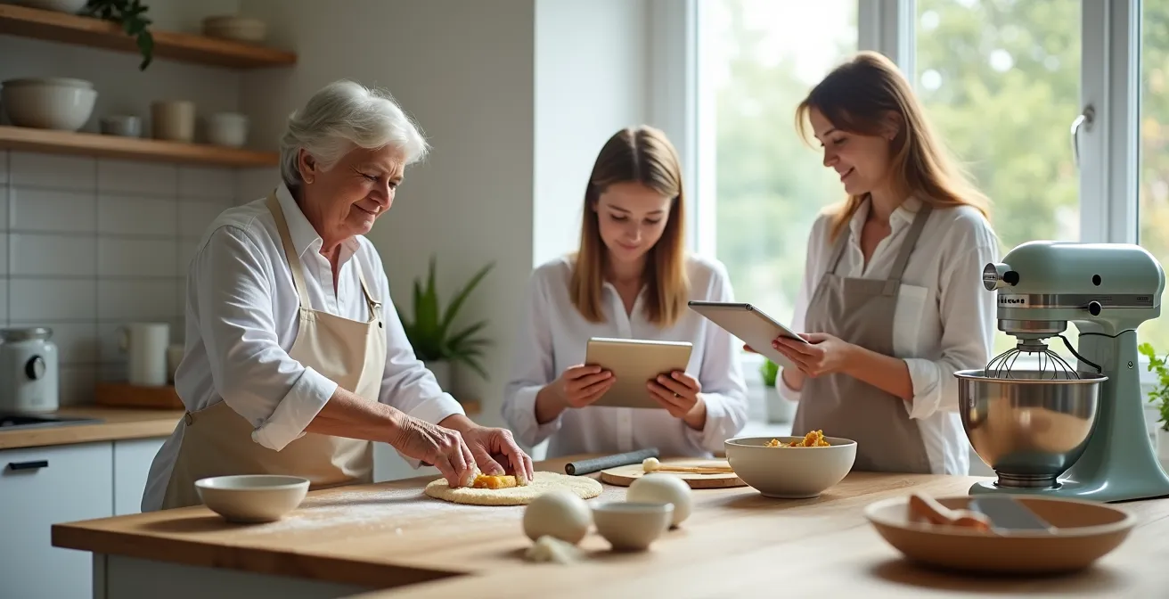 Drei Generationen kochen gemeinsam in einer modernen Küche mit traditionellen und neuen Rezepten