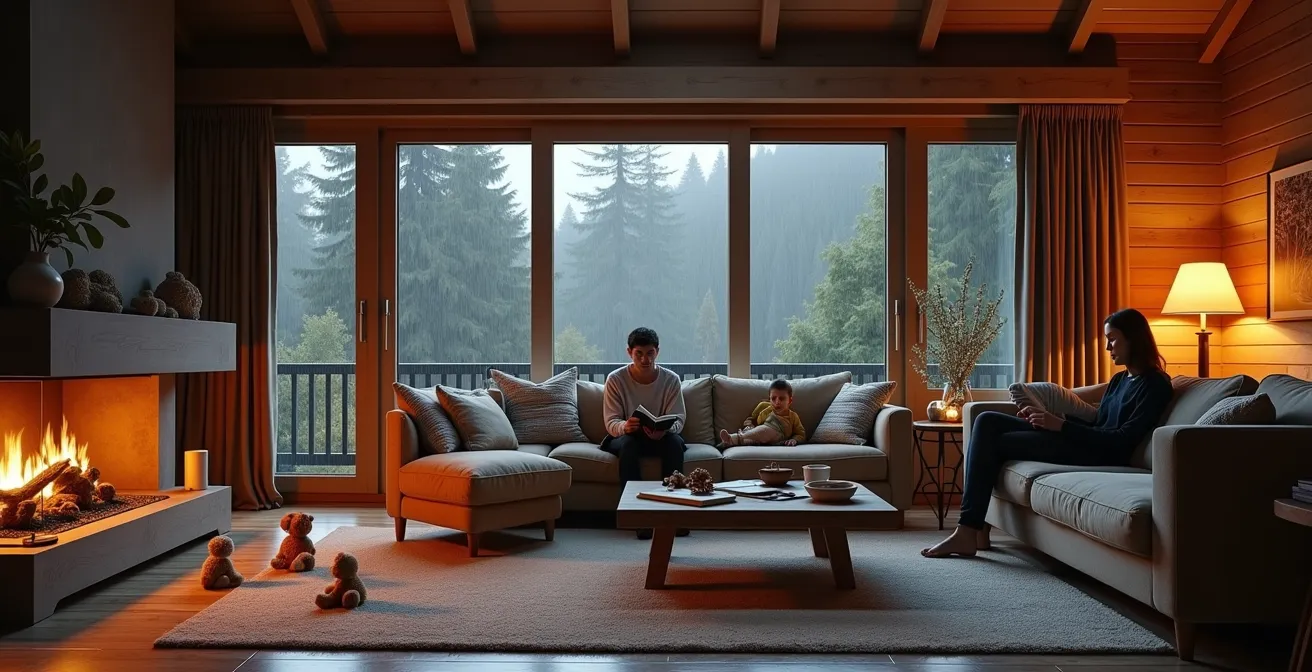 Geräumiges Chalet-Wohnzimmer mit separaten Spiel- und Ruhezonen bei Regenwetter