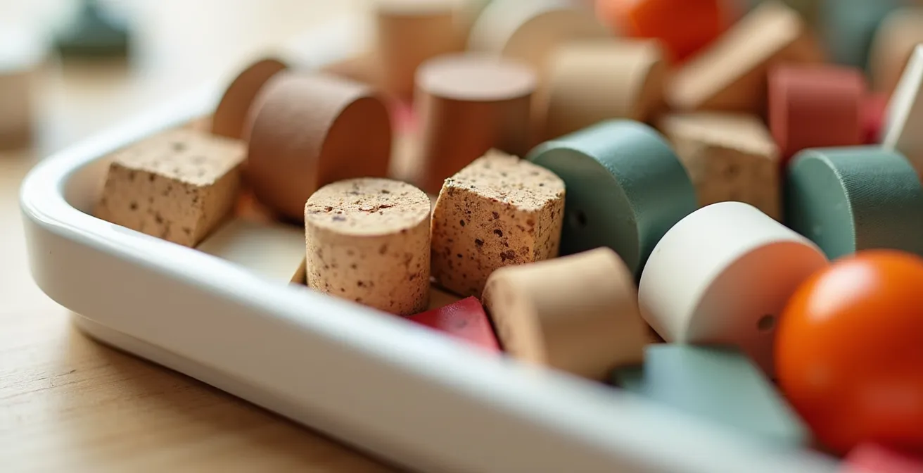 Tablett mit gemischten Bausteinen verschiedener Formen und Farben, um die Kreativität anzuregen.