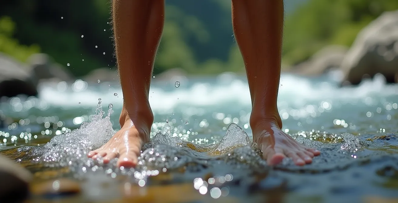 Wandererbeine in klarem Bergbach zur Kältetherapie