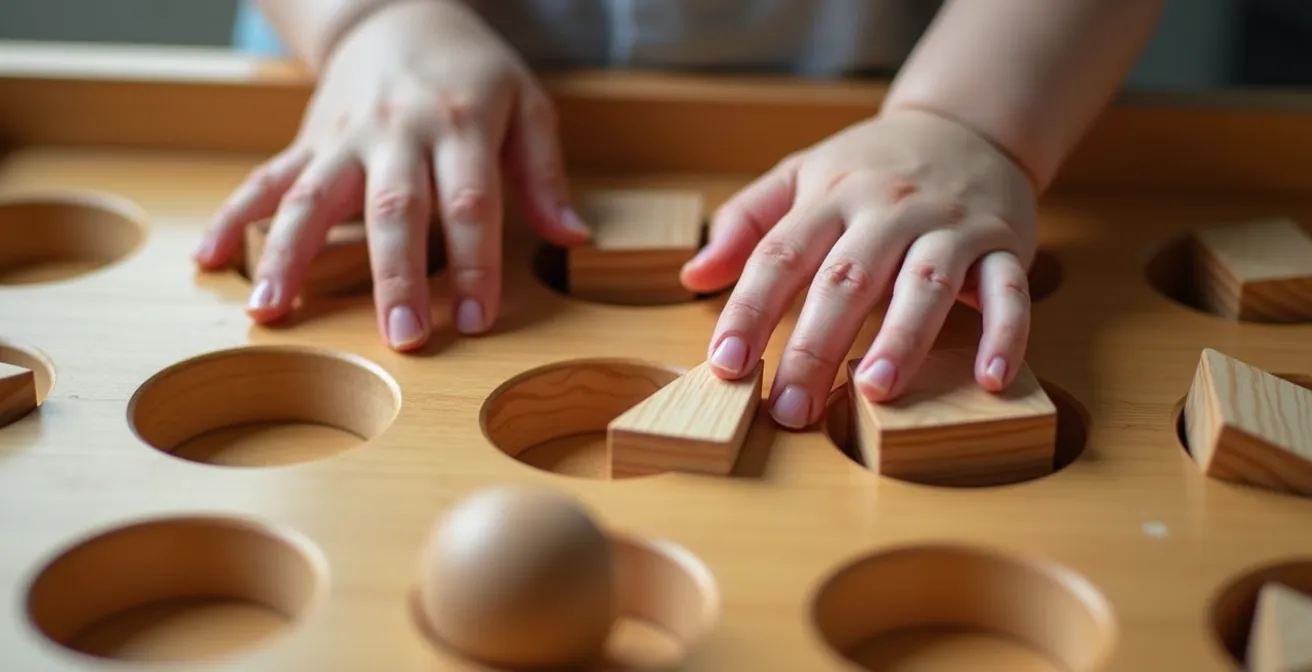 Nahaufnahme eines Kindes im Flow-Zustand beim konzentrierten Spielen mit Montessori-Material