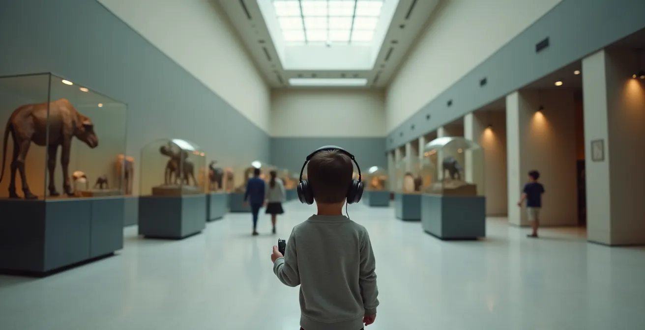 Kind mit Kopfhörern erkundet selbstständig eine Museumsausstellung