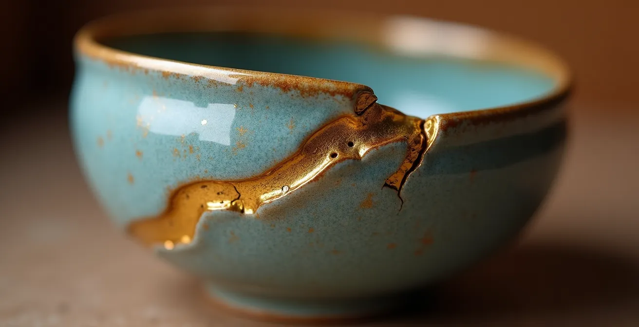 Nahaufnahme einer reparierten Keramikschale mit goldenen Kintsugi-Linien, die die Bruchstellen veredeln