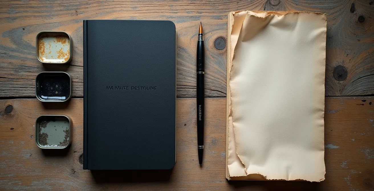 Kompaktes Urban Sketching Material-Set ausgebreitet auf einer Holzoberfläche