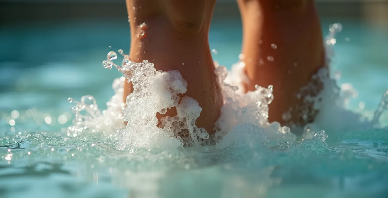 Detailaufnahme von Beinen beim langsamen Ausstieg aus dem Thermalbad
