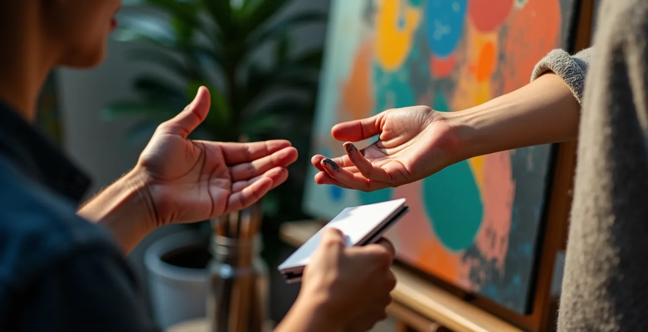 Künstler erklärt sein Werk einem interessierten Besucher im Atelierraum