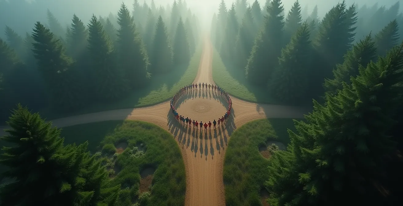 Laufgruppe versammelt sich an einer Waldkreuzung als Sammelpunkt, was die Sicherheit durch Organisation symbolisiert.