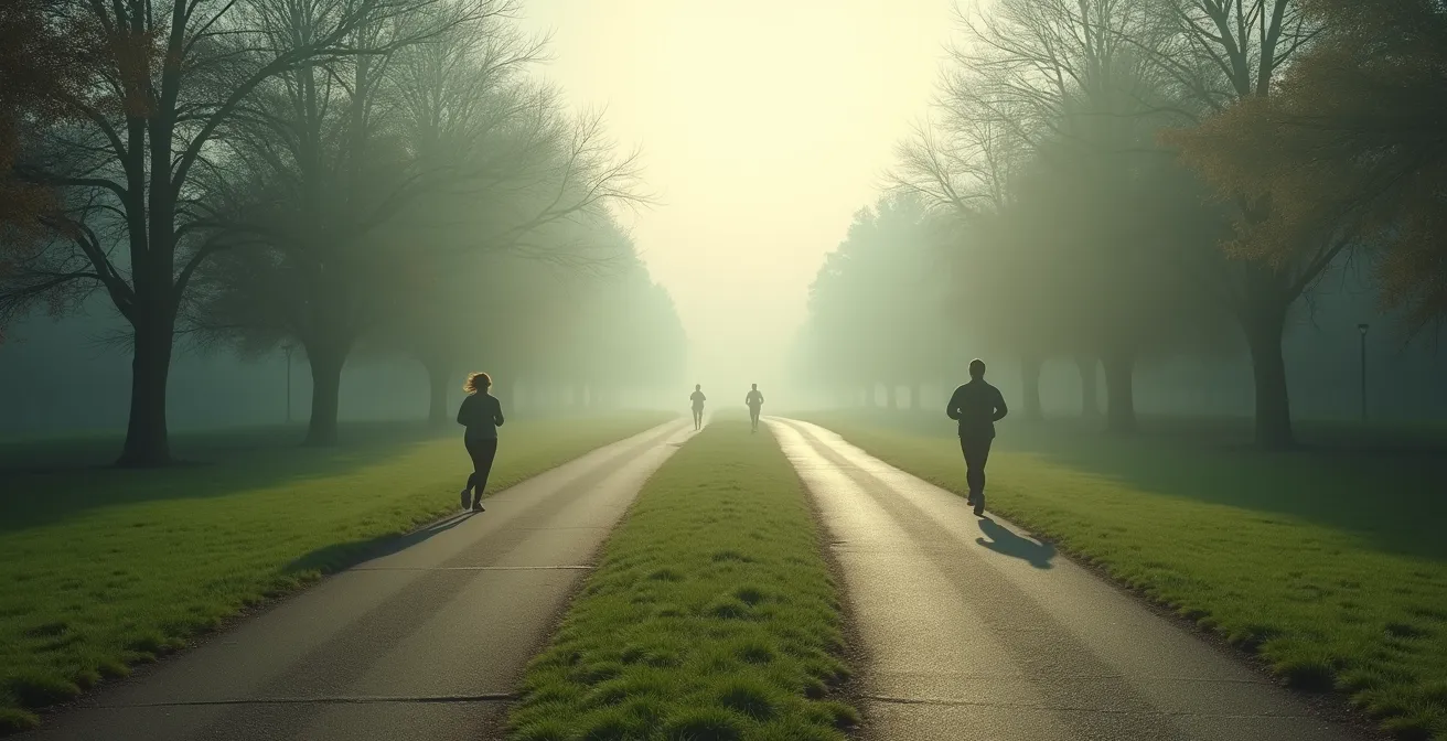 Laufgruppe aufgeteilt in zwei Tempogruppen auf parallelen Wegen, was die Wichtigkeit unterschiedlicher Geschwindigkeiten symbolisiert.