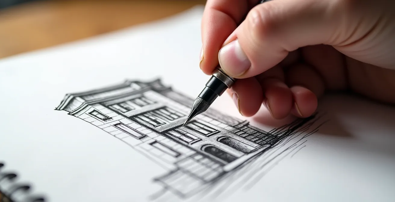 Nahaufnahme einer Urban Sketch mit bewusst unregelmässigen, lebendigen Linien