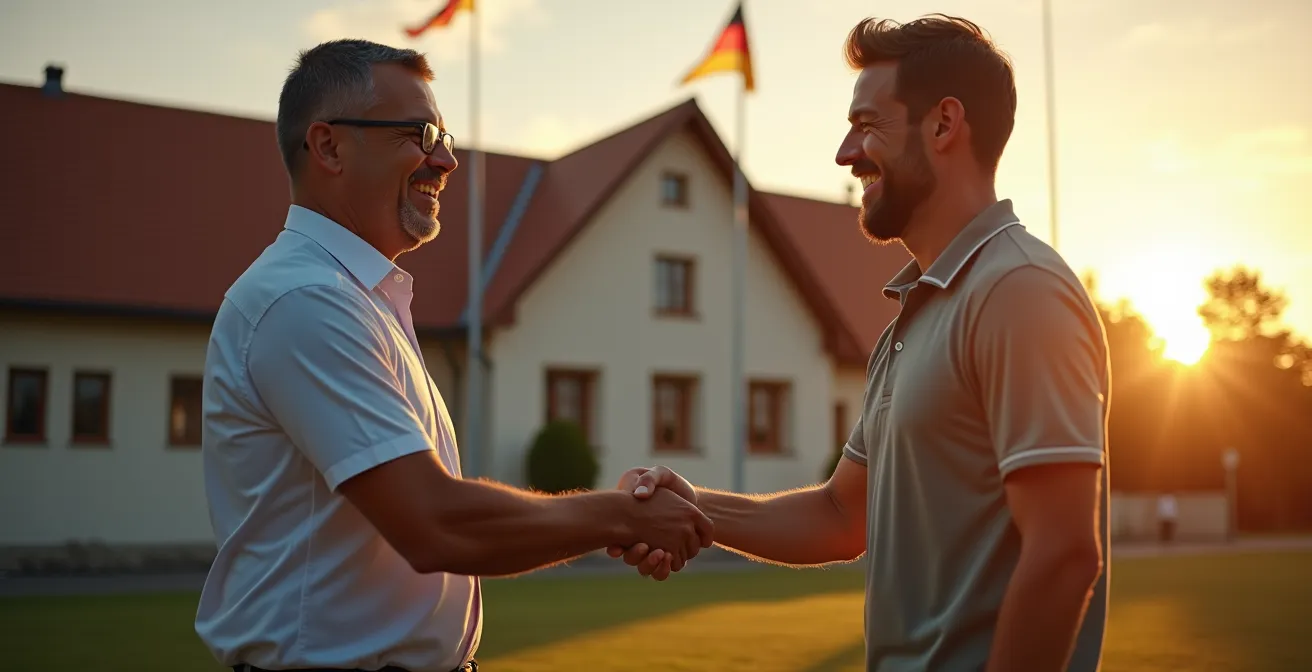 Geschäftsinhaber und Vereinsvertreter besiegeln Partnerschaft mit Handschlag vor Vereinsheim