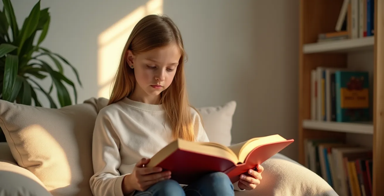 Junges Mädchen vertieft in ein Buch über Erfinderinnen mit inspirierenden Illustrationen