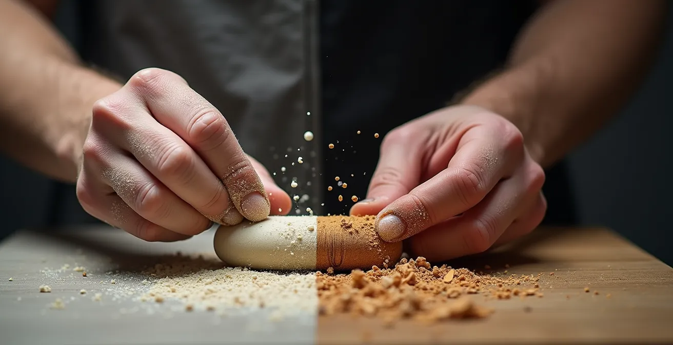 Vergleich der Bearbeitung von weichem Speckstein und hartem Holz mit Händen und Werkzeugen