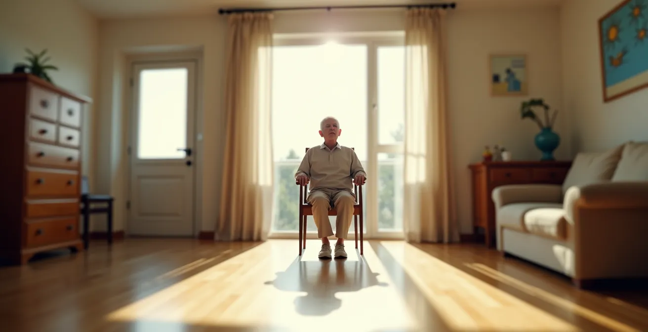 Senior visualisiert Bewegungsablauf mit geschlossenen Augen in sicherer Umgebung