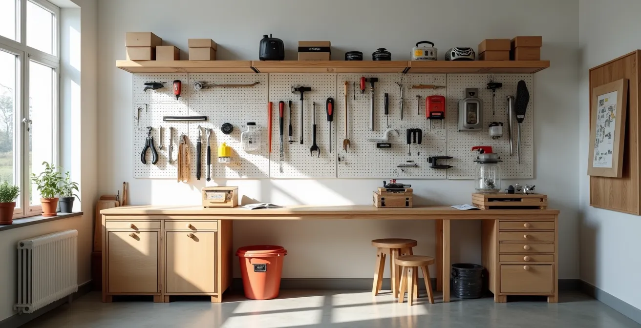 Kompakte Werkstattecke mit klappbarer Werkbank und vertikaler Werkzeugaufbewahrung in kleinem Raum