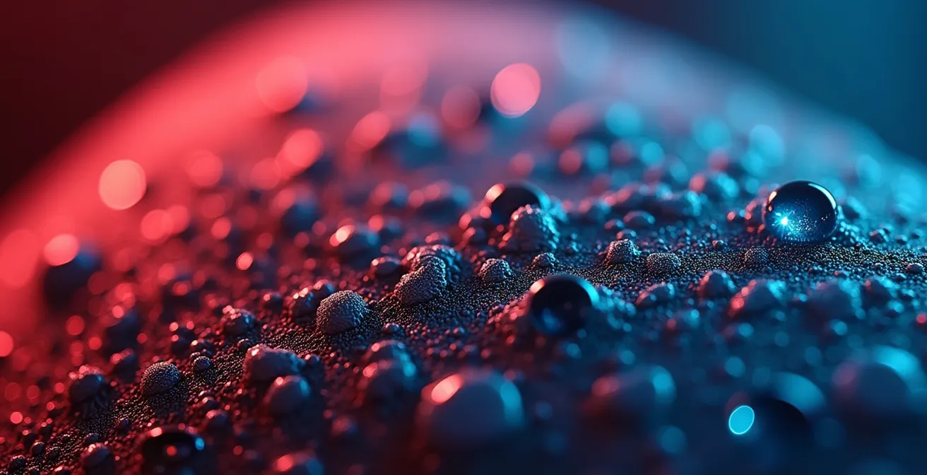 Makroaufnahme von Muskelgewebe mit symbolischer Darstellung der Mitochondrien-Aktivität, die den aeroben Stoffwechsel visualisiert.