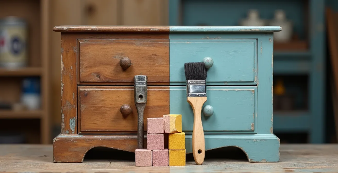 Werkzeuge und Materialien für Möbel-Upcycling unter 50 Euro, die den Transformationsprozess symbolisieren.