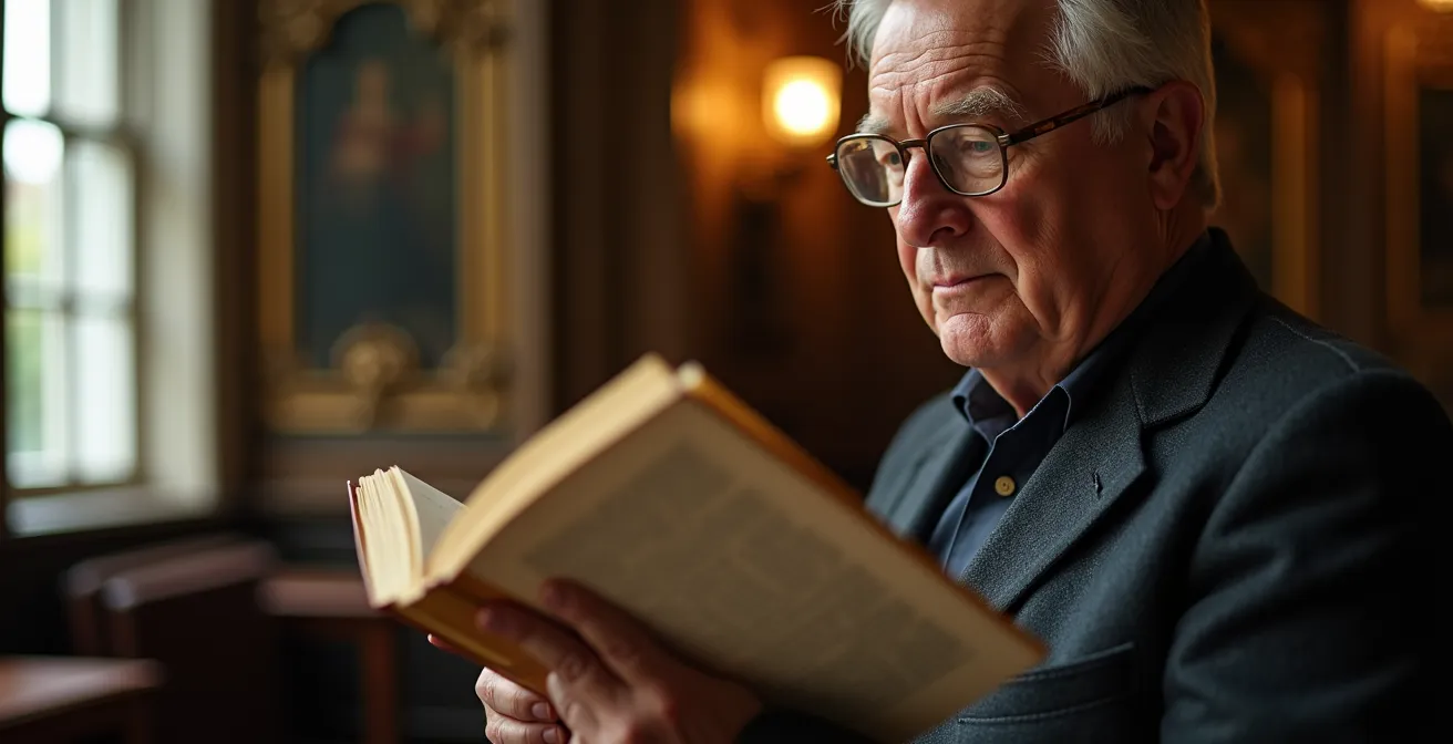Besucher studiert Programmheft im stimmungsvollen Theaterfoyer vor der Vorstellung