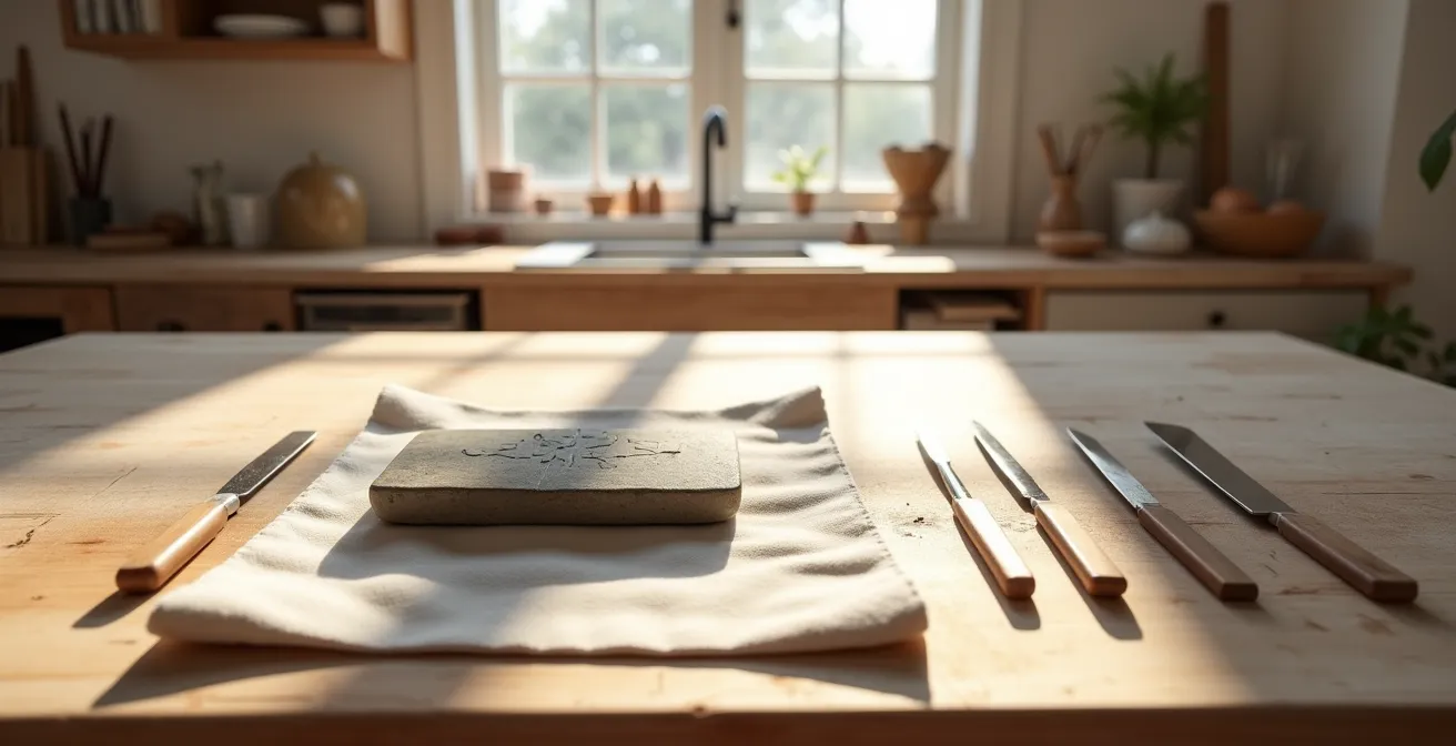 Aufgeräumter Werkstattbereich mit systematisch angeordneten Speckstein-Werkzeugen