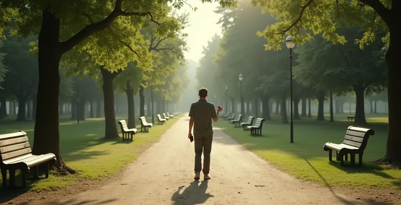 Weitwinkelaufnahme eines Parks mit einer Person, die einen besonderen Stein in der Hand betrachtet