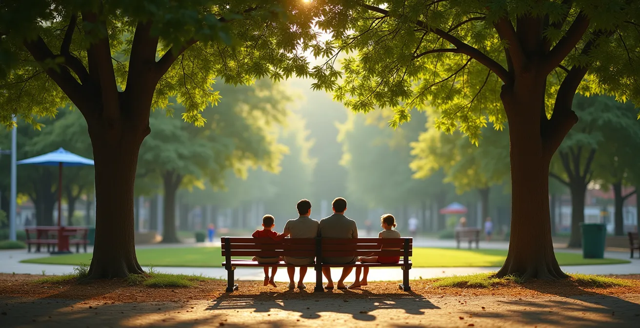 Familie findet Ruhe auf schattiger Parkbank abseits des Trubels