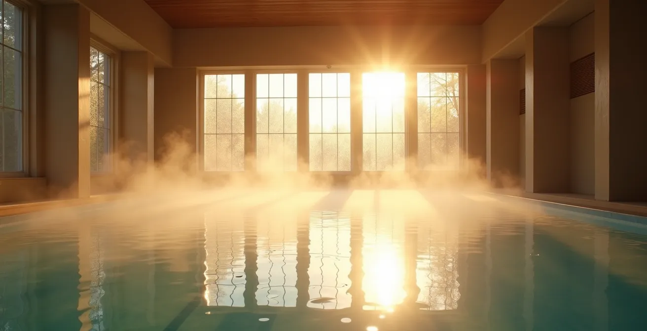 Leeres Thermalbecken in den frühen Morgenstunden mit aufsteigendem Dampf