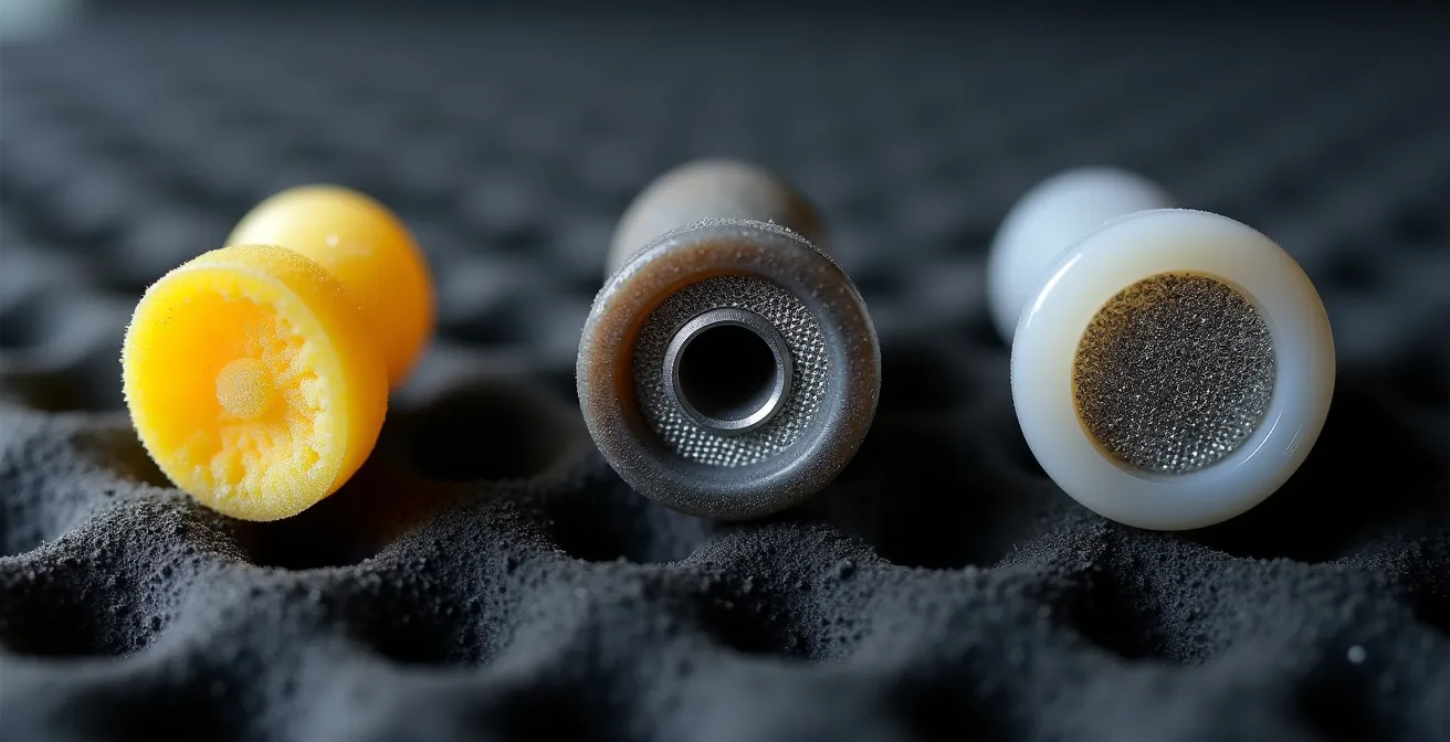 Makroaufnahme verschiedener Gehörschutztypen mit sichtbaren Filterstrukturen