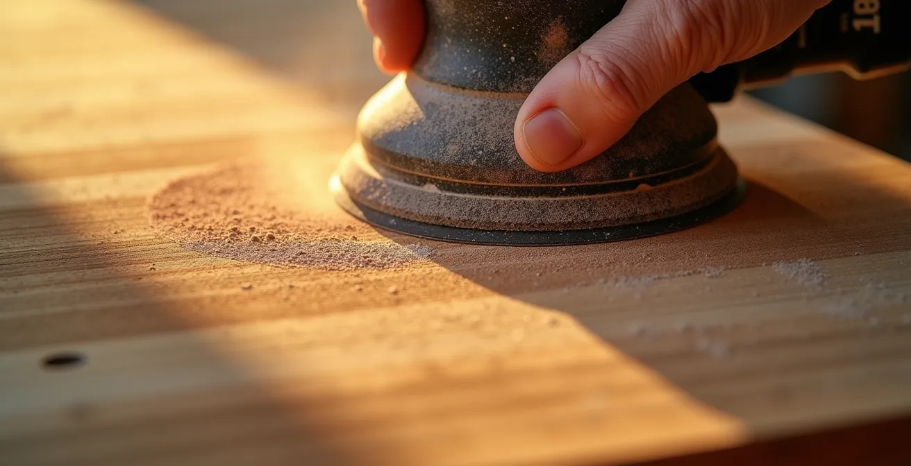 Nahaufnahme verschiedener Schleifpapierkörnungen auf Holzoberflächen, die den Unterschied zwischen der Bearbeitung von Furnier und Massivholz zeigen.