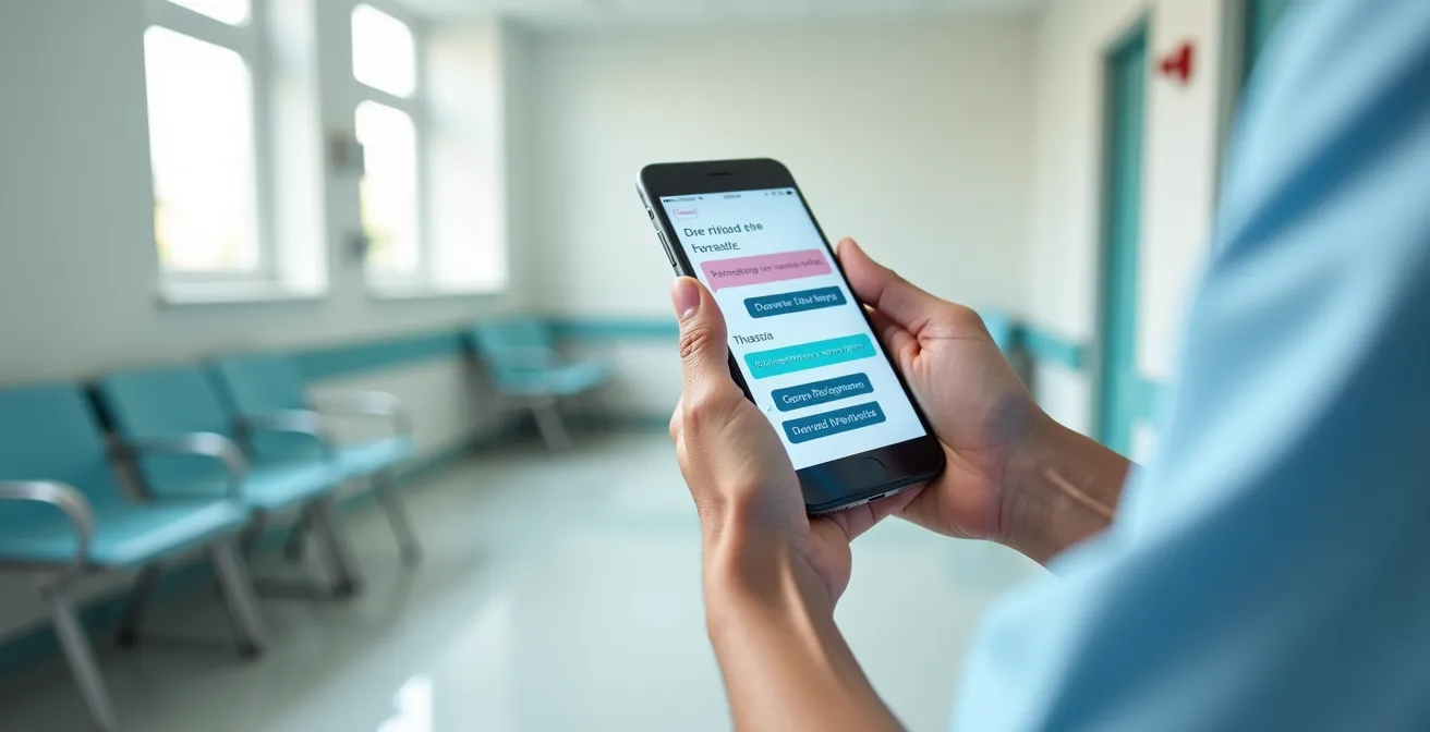 Senior zeigt Übersetzungs-App auf Smartphone im medizinischen Umfeld