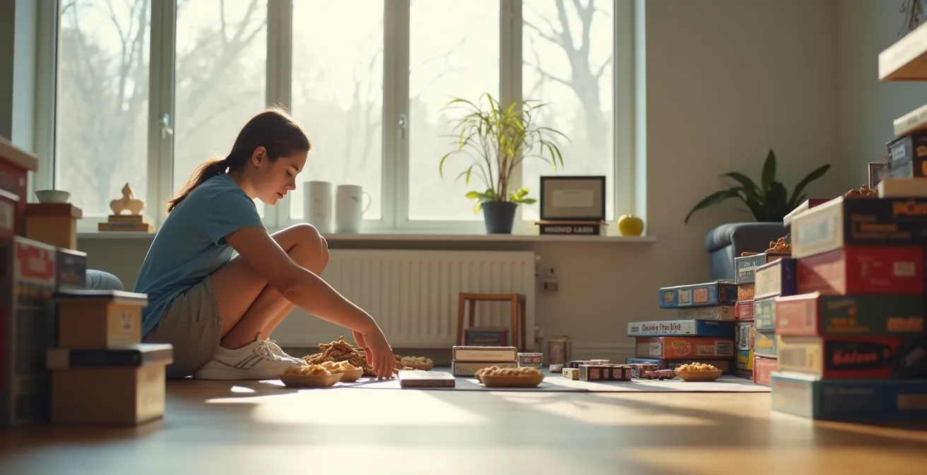 Ein Teenager bereitet selbstständig einen Spieleabend vor, indem er Spielmaterial und Snacks auf einem Tisch arrangiert.