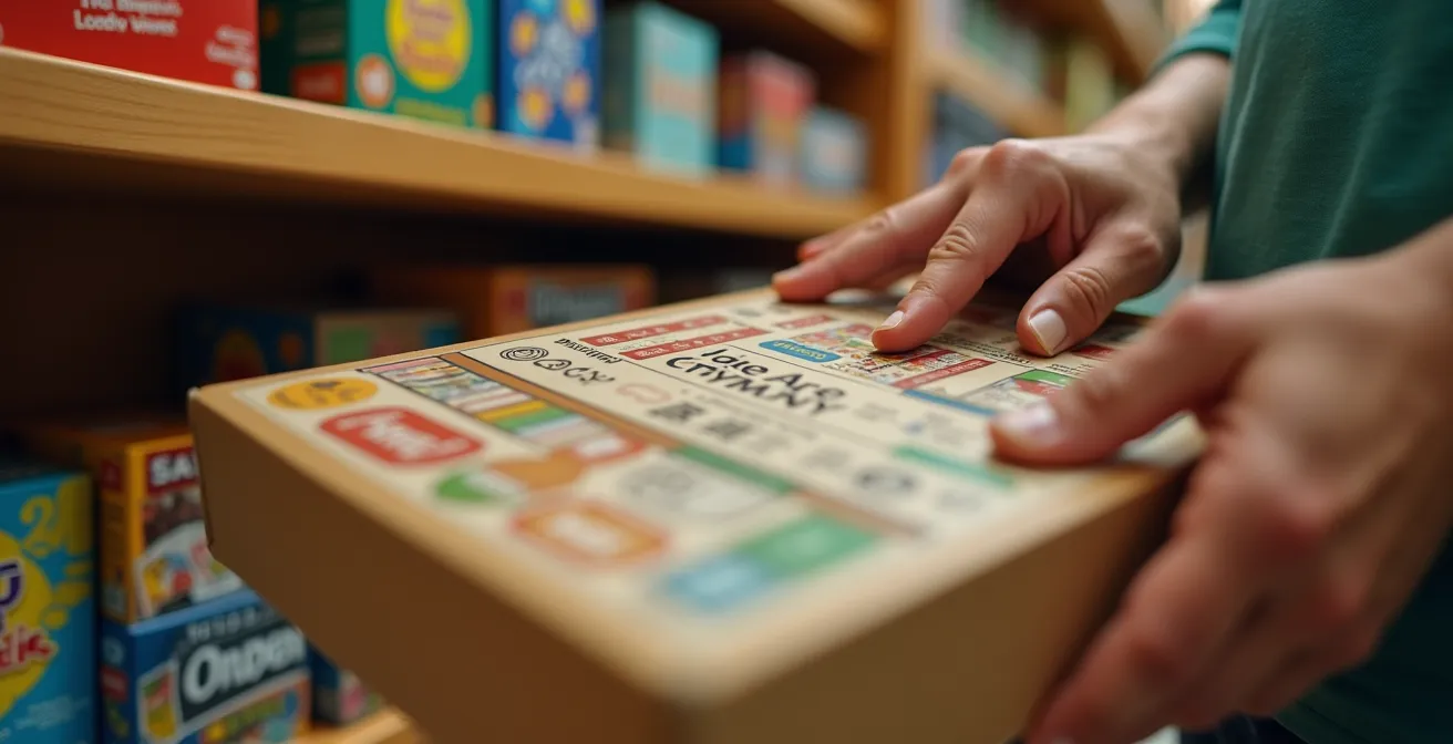 Nahaufnahme von Händen, die die Details auf einer Spieleschachtel in einem Laden untersuchen, insbesondere die Symbole für Spieleranzahl und Alter.