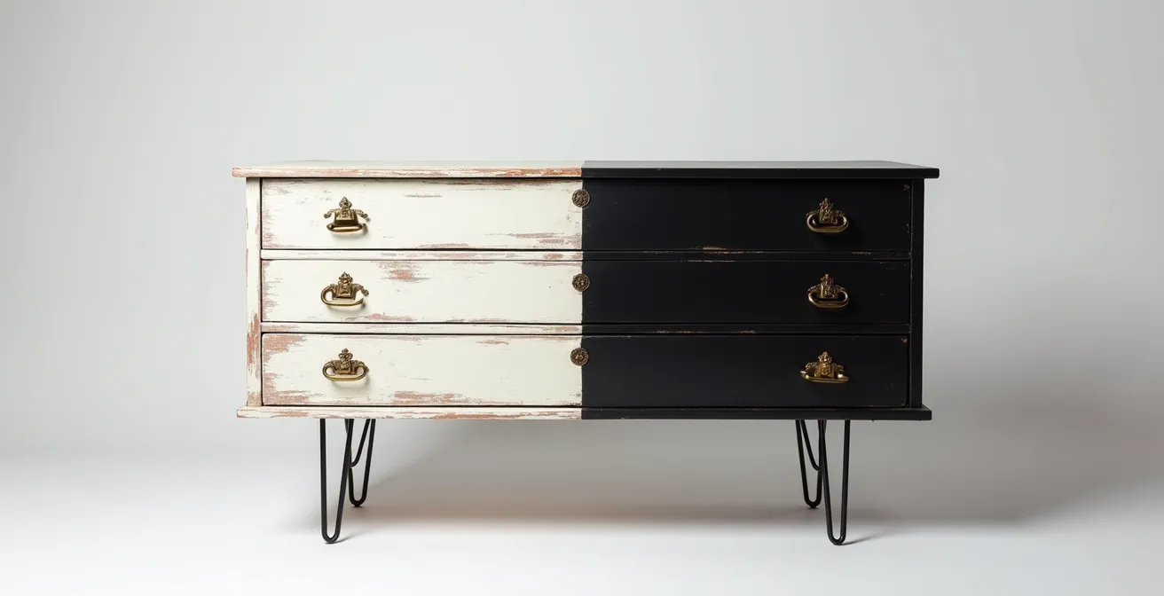 Gegenüberstellung zweier Kommoden-Stile: links eine weisse Kommode im Shabby-Chic-Look mit verschnörkelten Griffen, rechts eine dunkle, minimalistische Kommode mit modernen Metallbeinen.