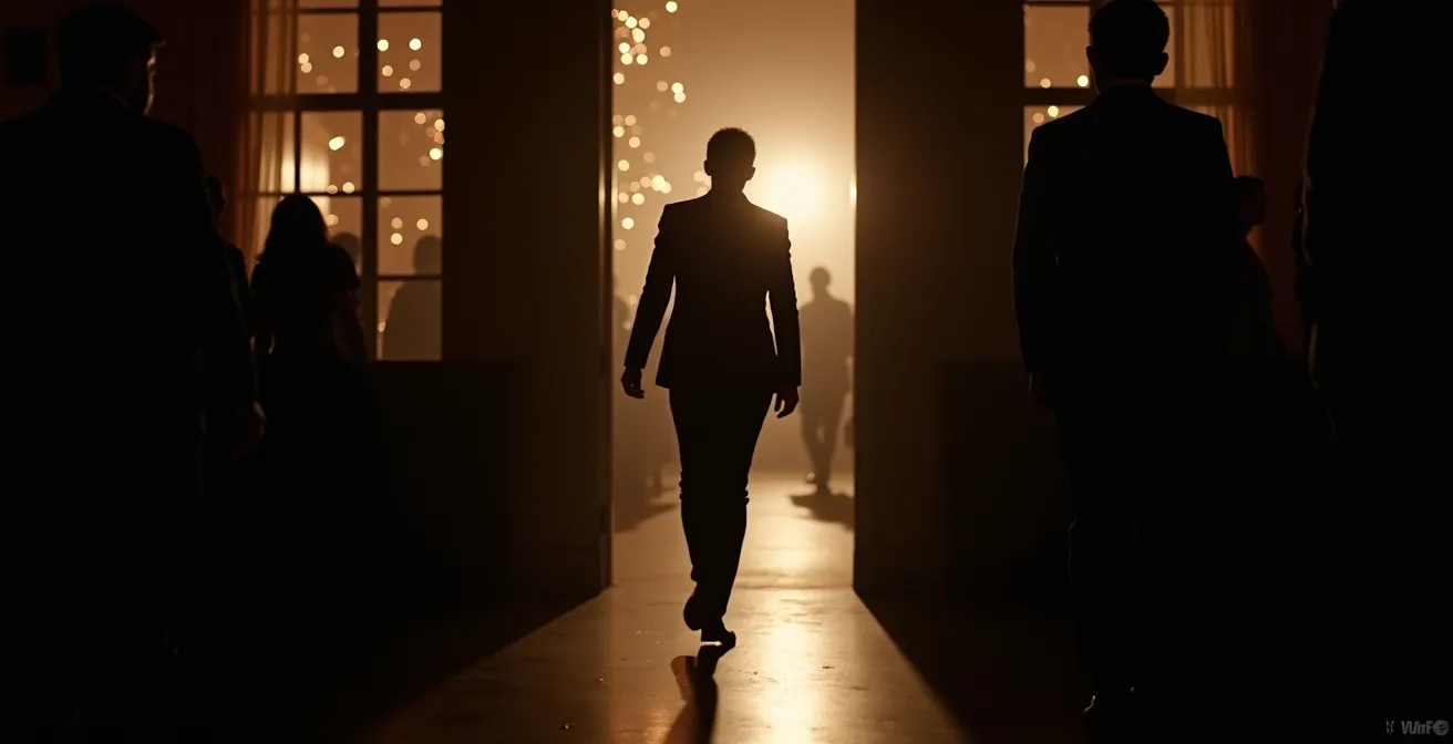 Person verlässt diskret eine Veranstaltung durch beleuchteten Ausgang