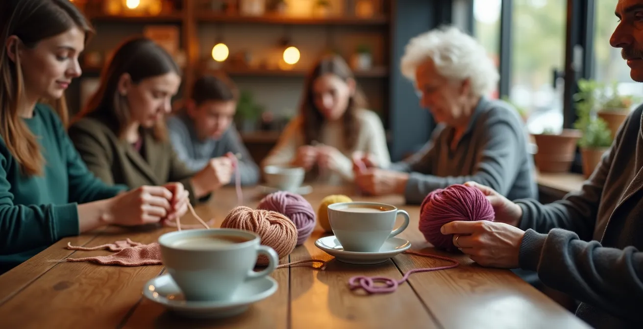 Strickgruppe in gemütlichem Café mit verschiedenen Generationen