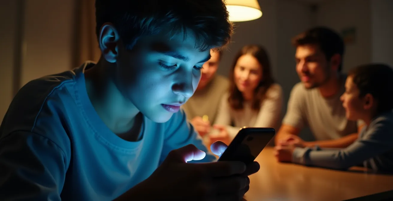Ein Teenager spielt allein auf seinem Smartphone, während seine Familie im Hintergrund unscharf auf der Couch zusammensitzt.