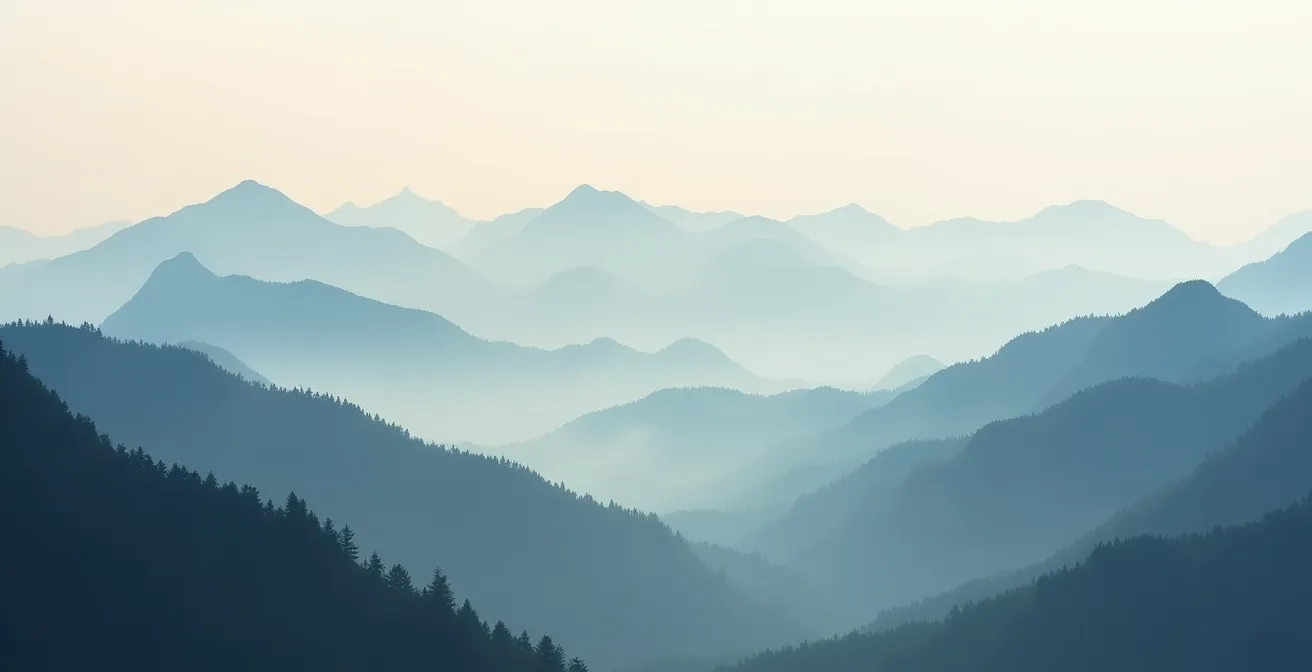 Neblige Bergketten mit Teleobjektiv fotografiert zeigen komprimierte Tiefenebenen
